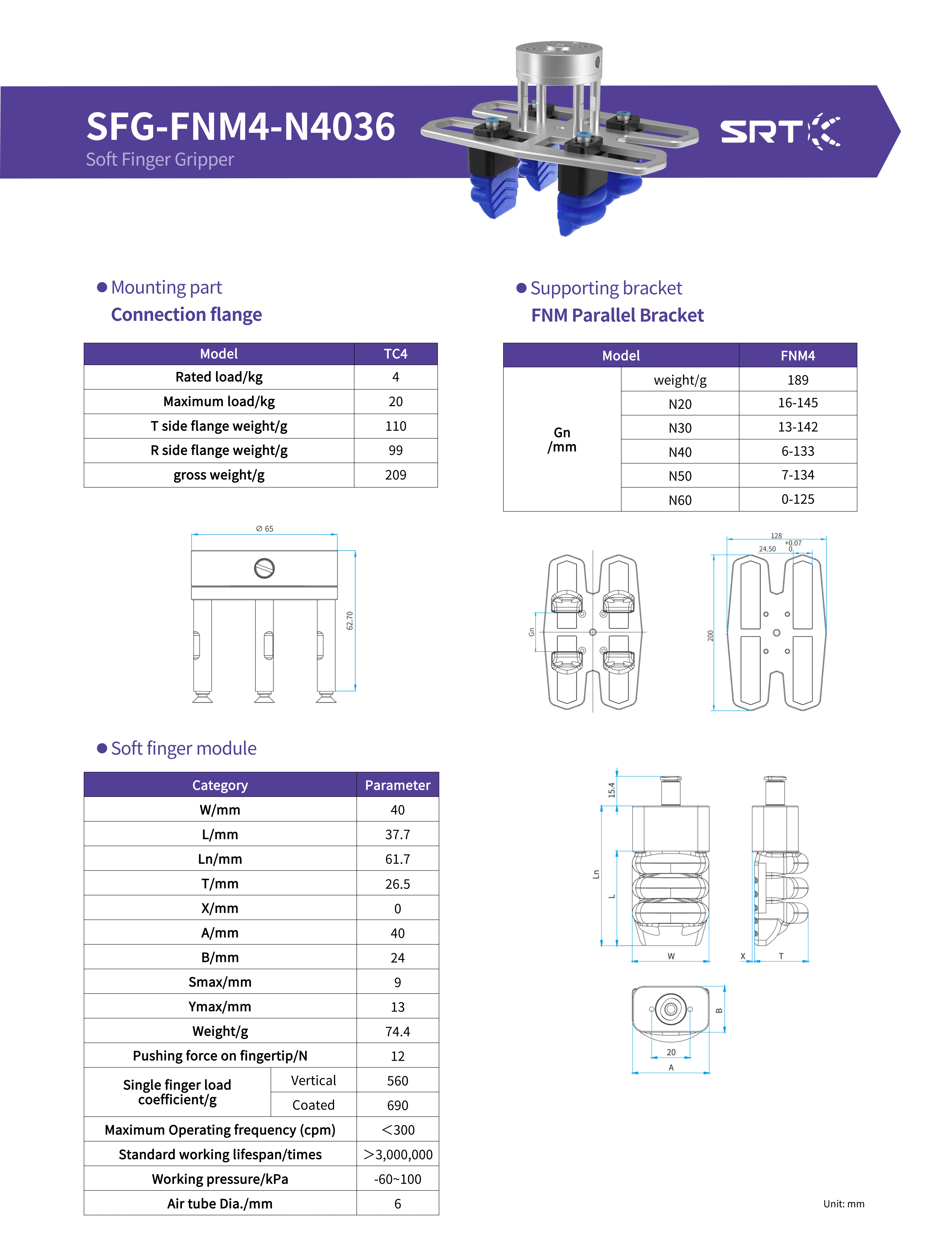 A data sheet of the SRT soft gripper SFG