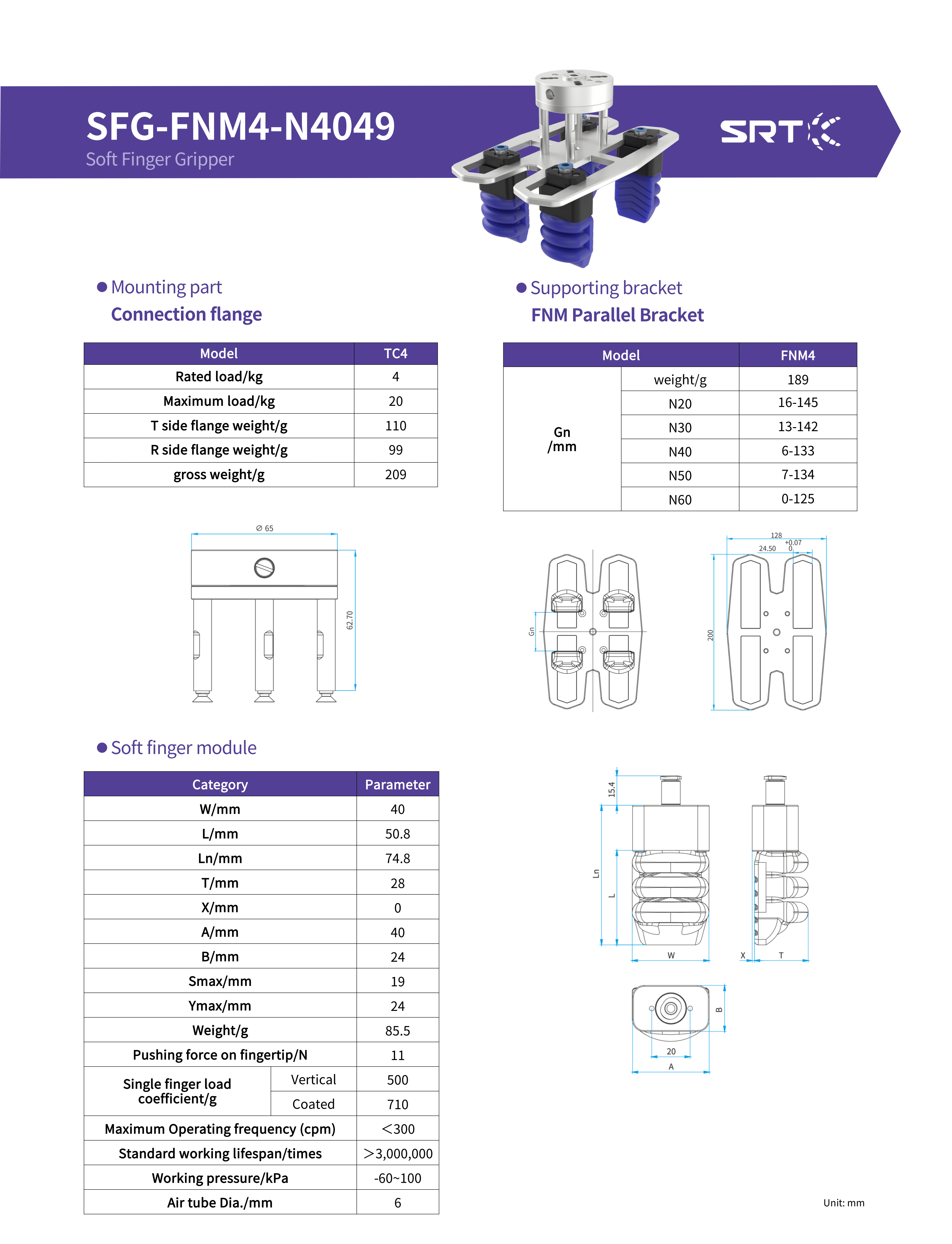 A data sheet of the SRT soft gripper SFG